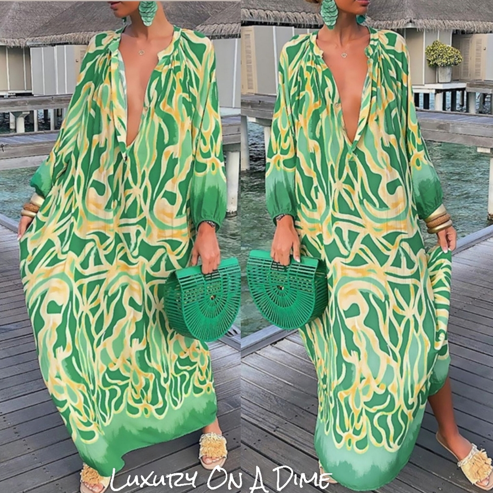 Green Abstract Button Chest Oversized Long Sleeve Dress Lightweight Colorful - Picture 10 of 10